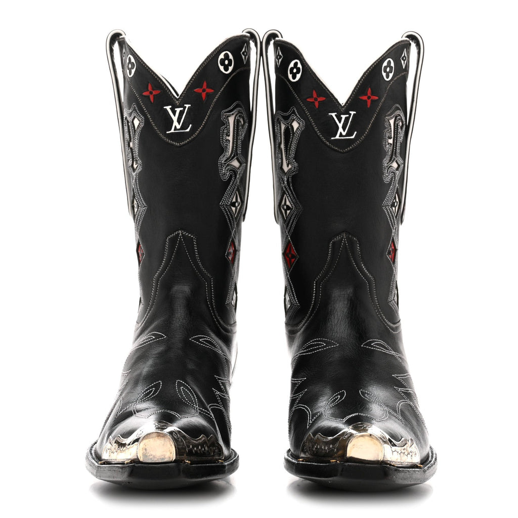 Calfskin LV Texan Mens Rider Boots 10.5 Black Silver