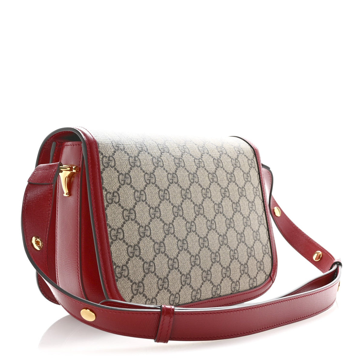 GG Supreme Monogram Azalea Calfskin Horsebit 1955 Shoulder Bag Beige Ebony New Cherry Red