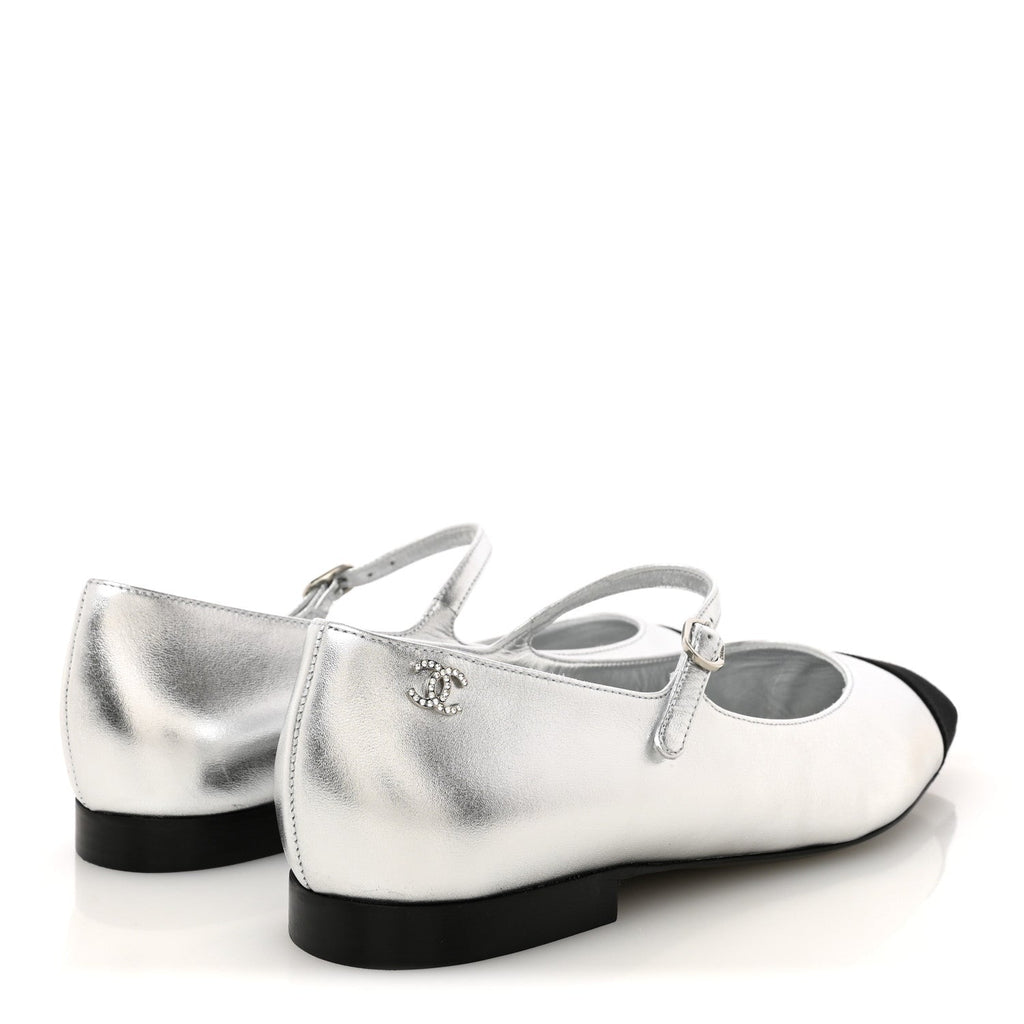 Laminated Calfskin Grosgrain Mary Janes Flats 40 Silver Black