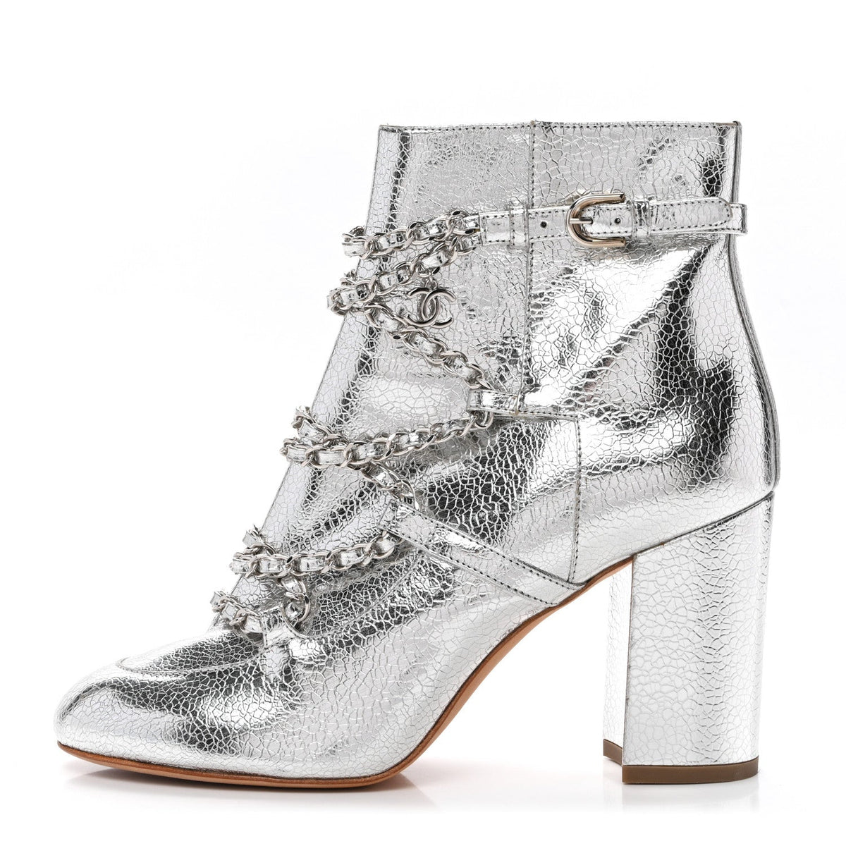 Metallic Crackled Calfskin Chain CC Short Boots 38.5 Silver