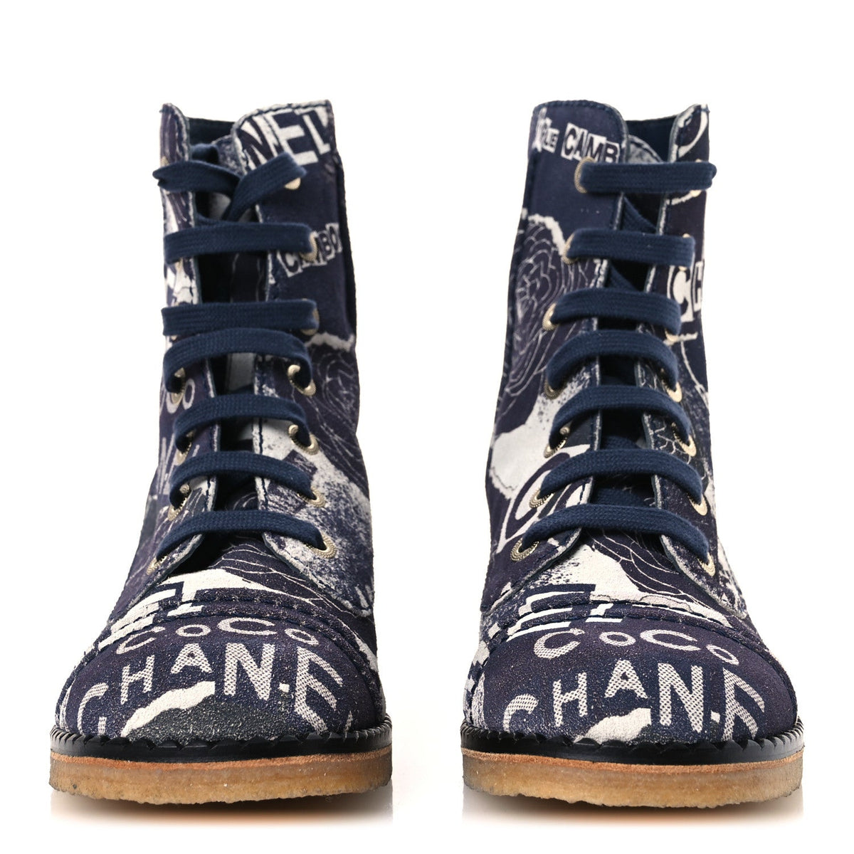 Suede Calfskin Printed CC 31 Rue Cambon Lace Up Combat Boots 39.5 White Navy