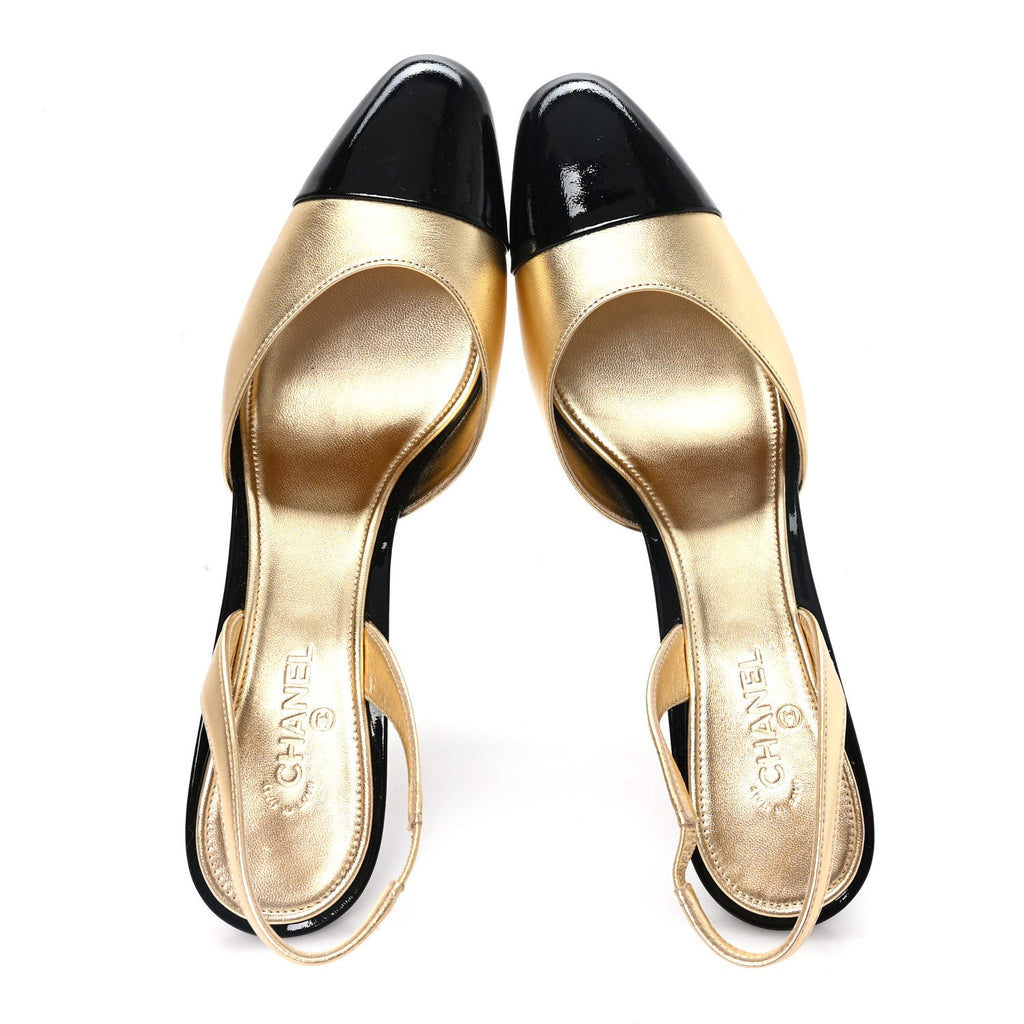 Laminated Lambskin Patent Cap Toe CC Apple Slingback Pumps 40 Gold Black