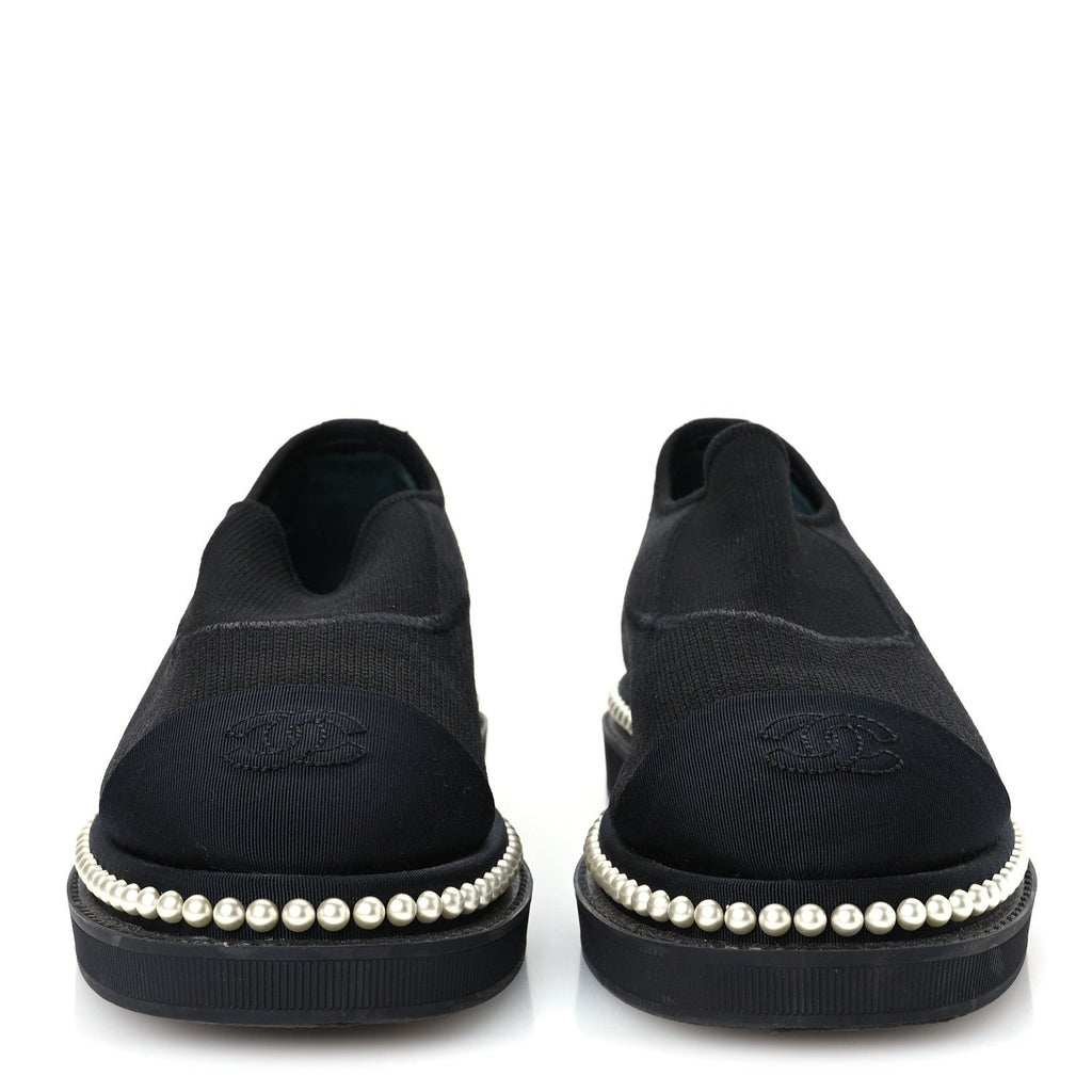Stretch Fabric Grosgrain Pearl Cap Toe CC Moccasin Loafers 35.5 Black