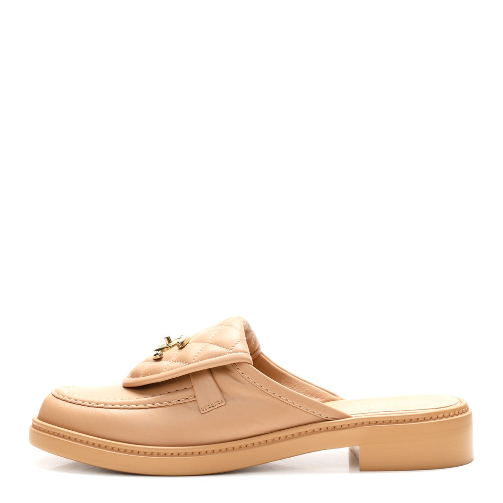 Lambskin Quilted CC Turnlock Mules 39.5 Light Beige