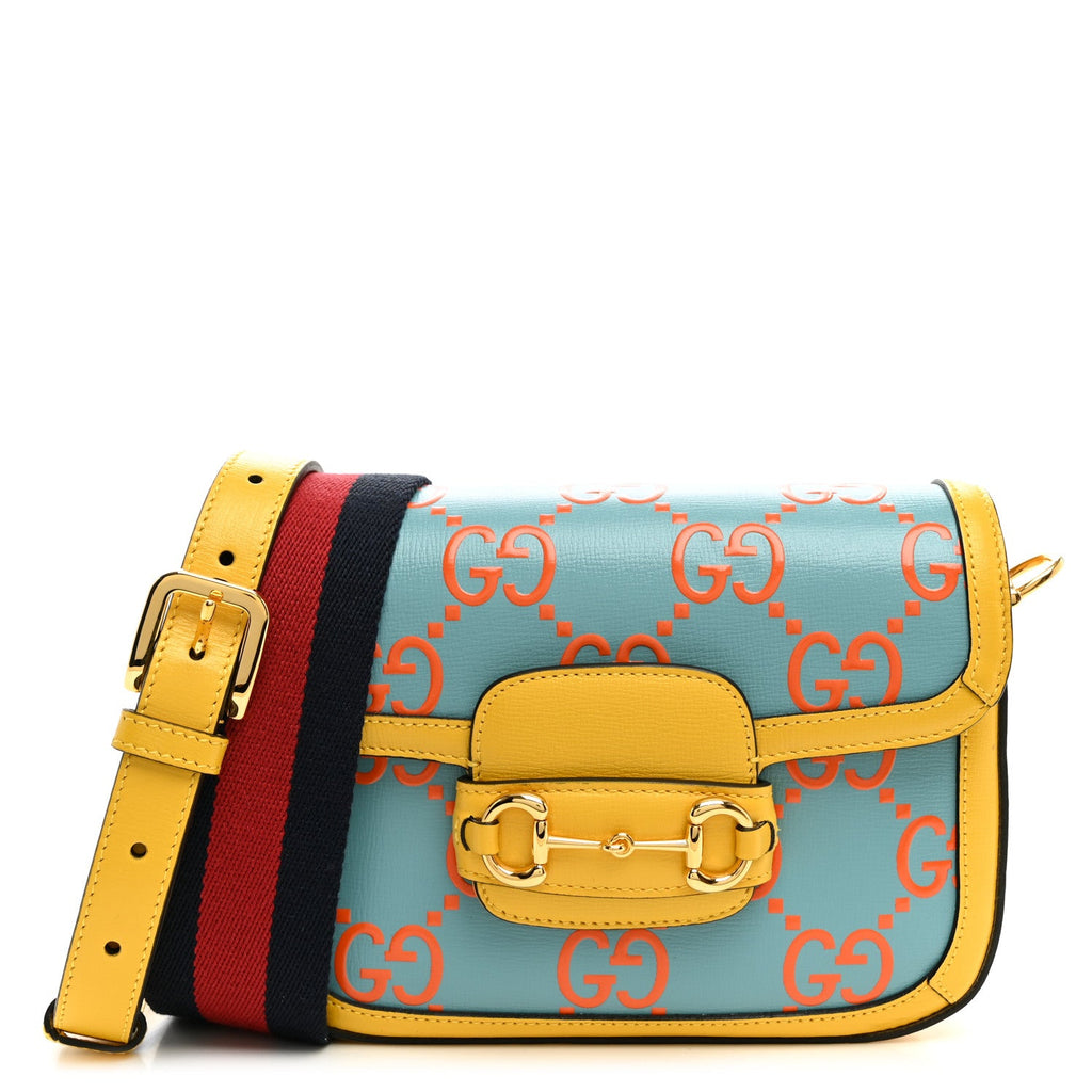Azalea Calfskin GG Monogram Bi-Color Debossed Mini Horsebit 1955 Shoulder Bag Dusty Azure Stone Topaz Deep Orange