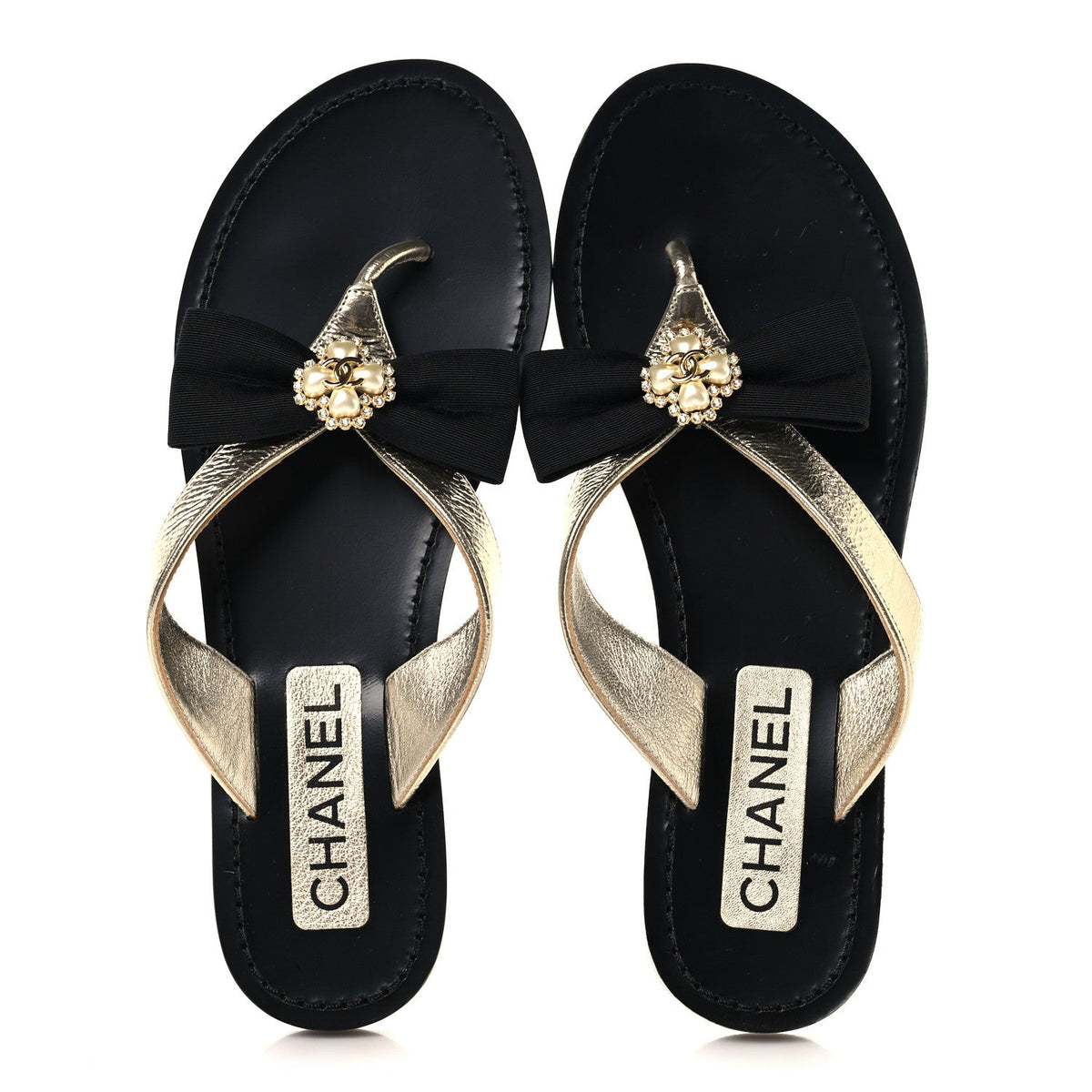 Metallic Laminated Goatskin Grosgrain Bow Pearl Thong Sandals 37 Gold