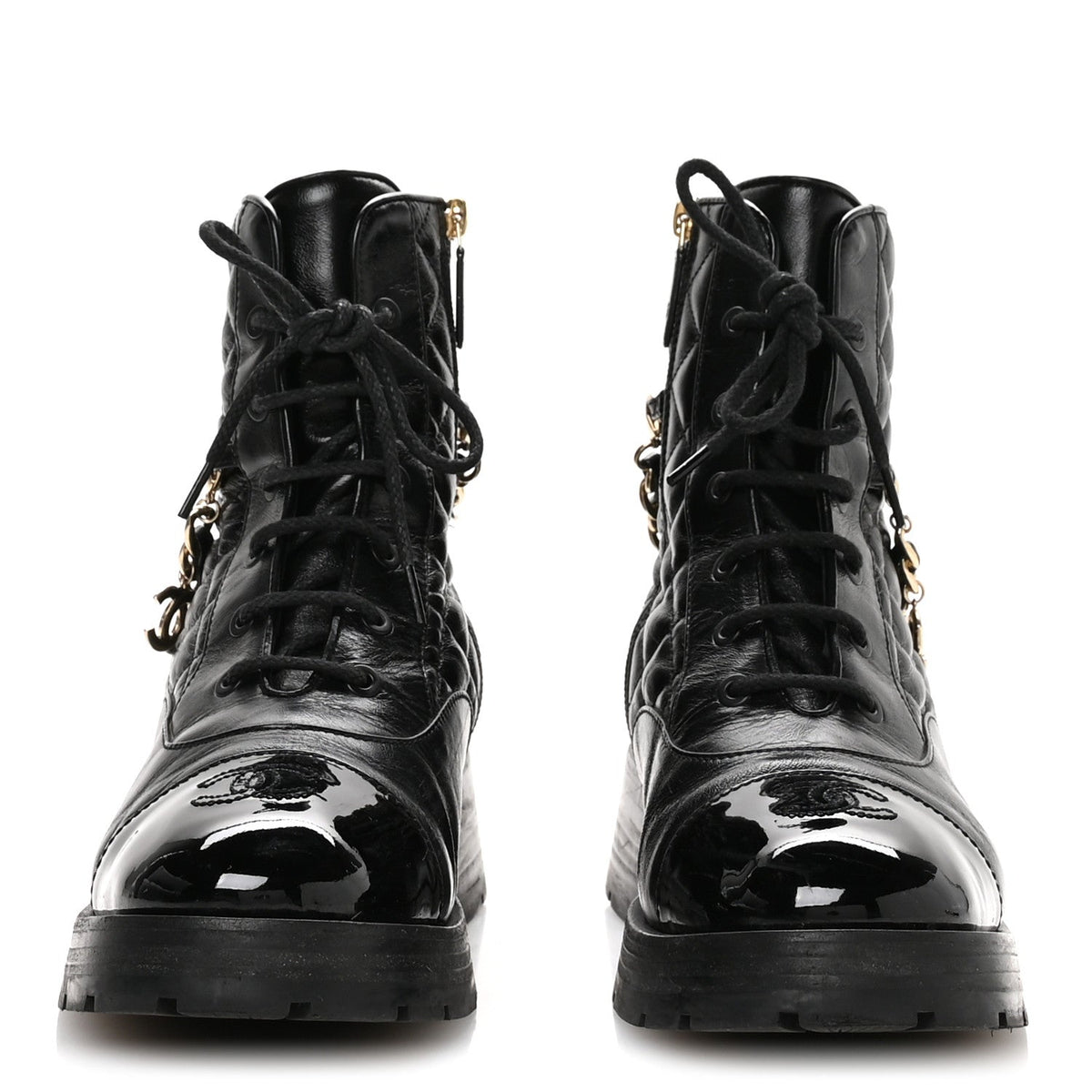 Shiny Calfskin Patent Quilted Chain Lace Up Combat Boots 40.5 Black