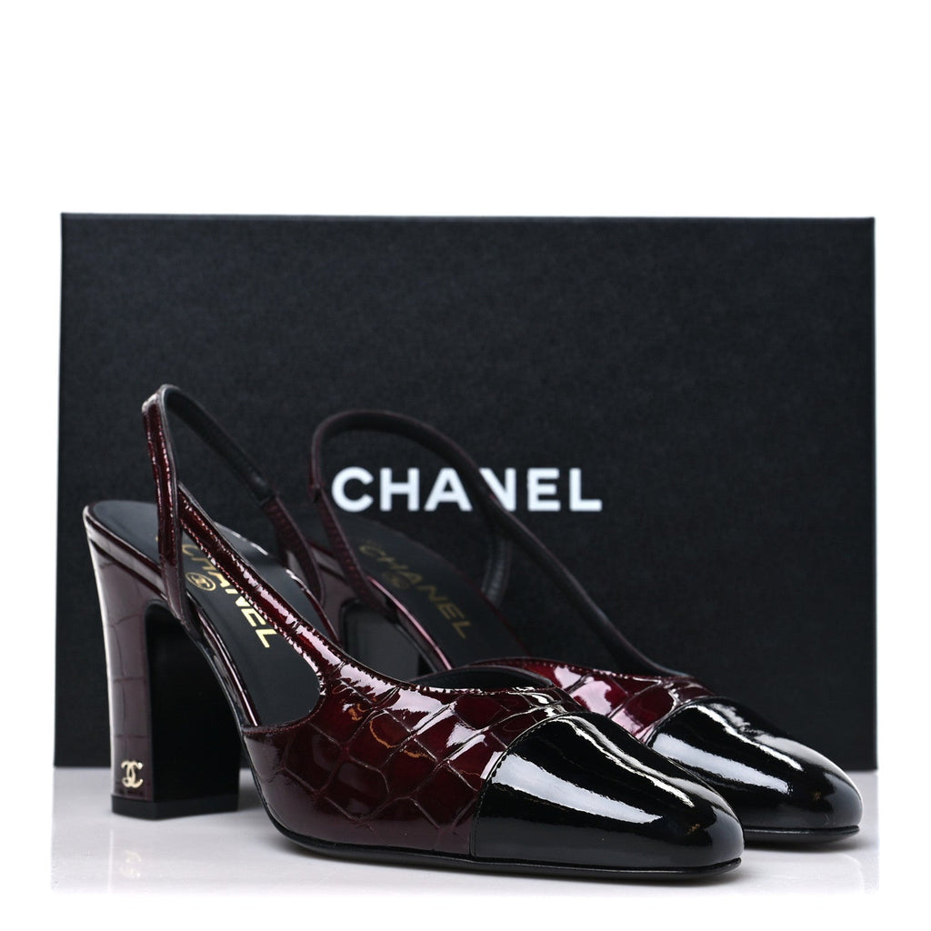 Crocodile Embossed Patent CC Cap Toe CC Slingback Pumps 38 Dark Burgundy