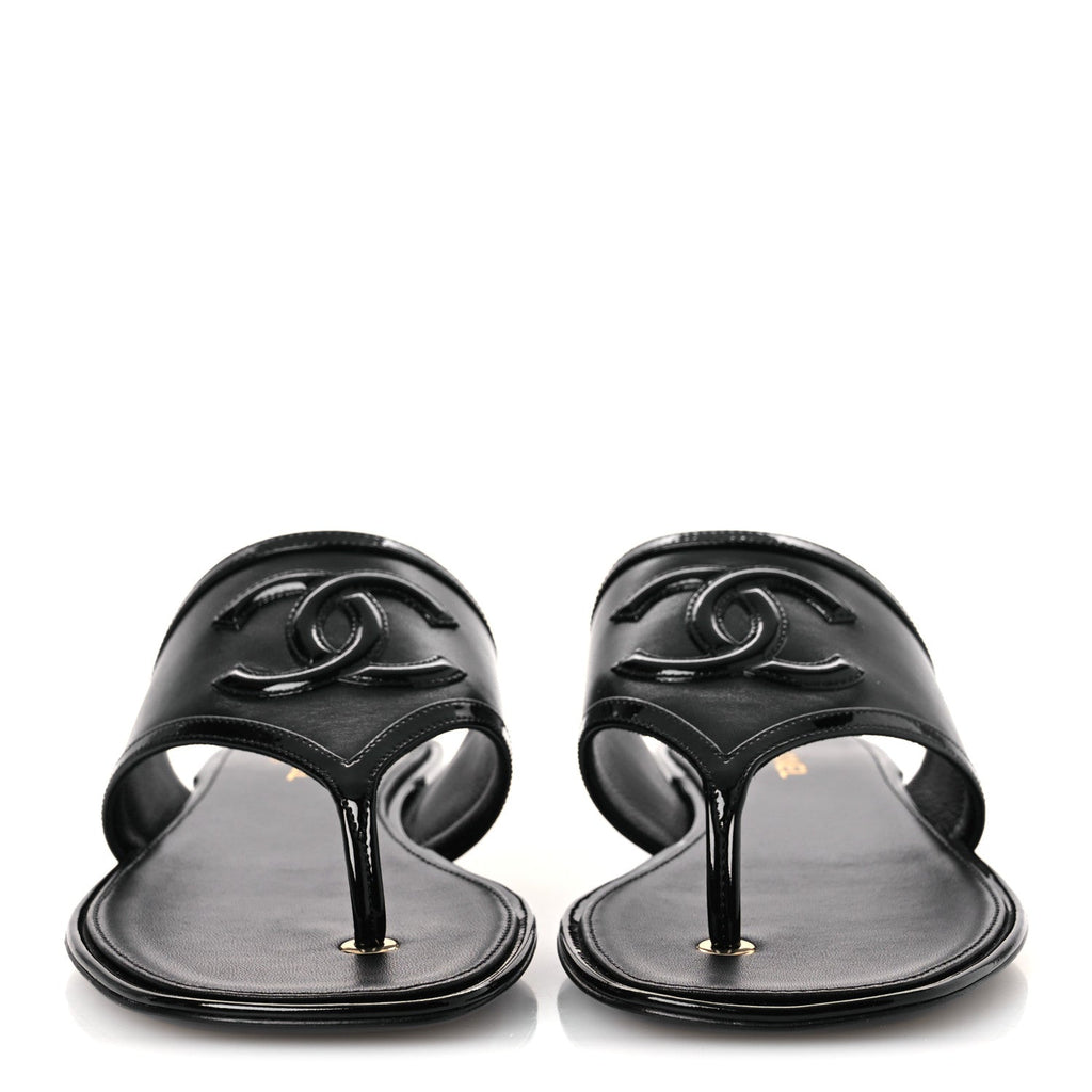 Lambskin Patent Calfskin CC Thong Sandals 39 Black