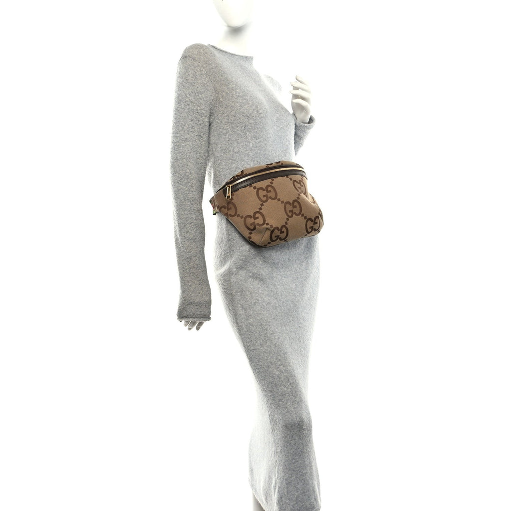 Monogram Jumbo GG Textured Dollar Calfskin Web Belt Bag Camel Ebony New Acero