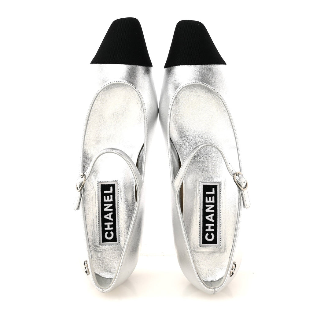Laminated Calfskin Grosgrain Mary Janes Flats 40 Silver Black