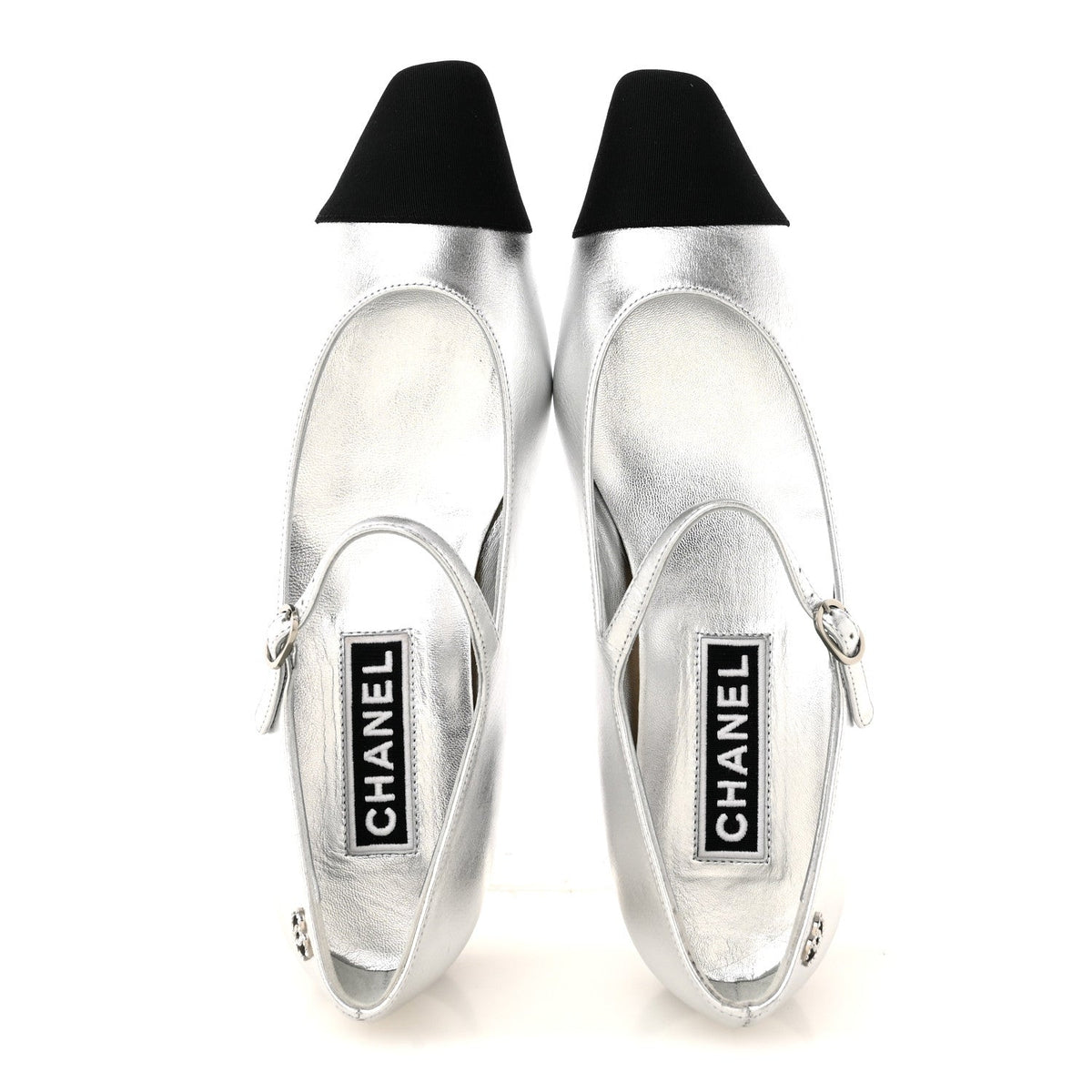Laminated Calfskin Grosgrain Mary Janes Flats 40 Silver Black