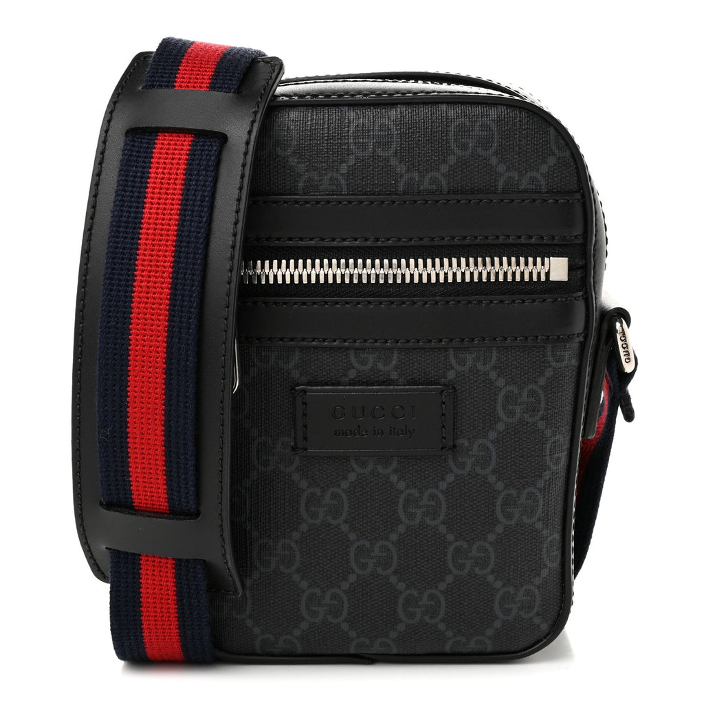 GG Supreme Monogram Appia Calfskin Web Small Camera Messenger Bag Black Grey